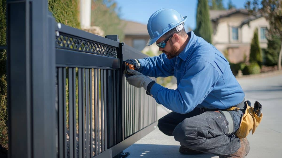 Man in a blue shirt working on a driveway gate.